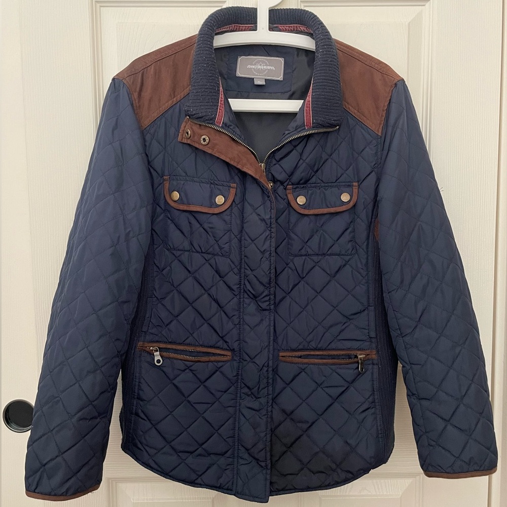 Stylish Quilted Navy Jacket with Brown Accents